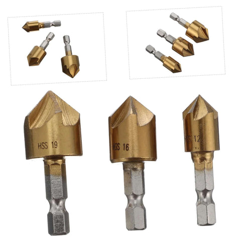 Three brass HSS countersink drill bits with hex shanks for woodworking; self-centering, 3-piece set