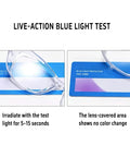 Live-action test showing Tough As Nails Safety Glasses With Anti Fog Shield And Blue Light Blocker blocking blue light on card.