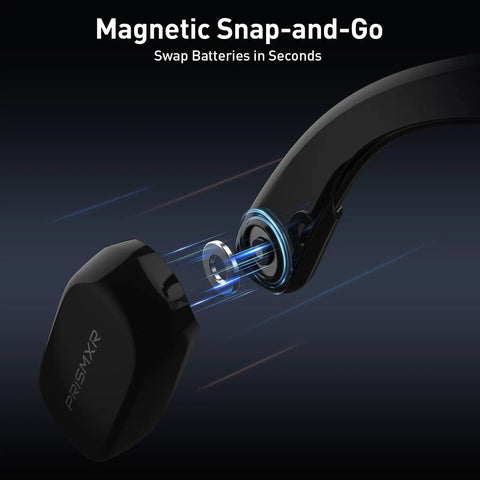 Top Tier Magnetic Charging Case And Heavy Duty Battery Module For Carina C2 Smart Glasses, showing magnetic battery snap-on feature.