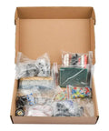 Box contents of Ultimate Dope DIY Electronics Components Kit With Capacitors, Resistors, LEDs, Transistors, PCBs and more.