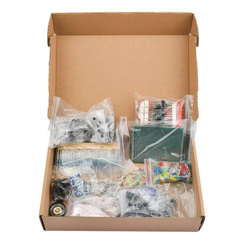 Box contents of Ultimate Dope DIY Electronics Components Kit With Capacitors, Resistors, LEDs, Transistors, PCBs and more.