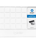 Top view of anti-static project tray with 20 small compartments and 2 large slots for small parts and screws, clear PET plastic.
