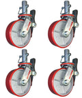 Smooth Rolling Scaffold Casters With Boss Grade Red Rubber Wheels And Rock Solid Locking Brakes For Easy Job Site Cruising Six Inch Diameter One Three Eight Inch Stem Handles 2800 Pounds Total In A Pack Of Four - Close-up view of four scaffold casters with red rubber wheels.