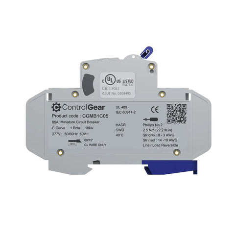 Back view of UL489 Listed Mini Circuit Breaker 5 Amp C Curve for 277VAC 60VDC, 10kAIC, DIN Rail Mount, Non Polarized MCB