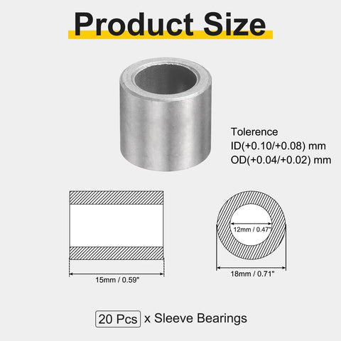 Top Shelf Twenty Piece Sintered Iron Sleeve Bushings with 12mm ID, 18mm OD, and 15mm Length, showing product size and dimensions.