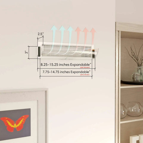Adjustable Magnetic Heat And Air Deflector For Vents And Registers, Extends 10 To 16 Inches, shown on wall vent, illustration of airflow