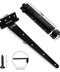 2 Piece Heavy Duty T Strap Hinge And Slide Smooth Barn Door Hardware Kit With Wide Sliding Latch For Courtyard Gates And Fences Matte Black Finish dimensions image showing hinge and latch sizes.