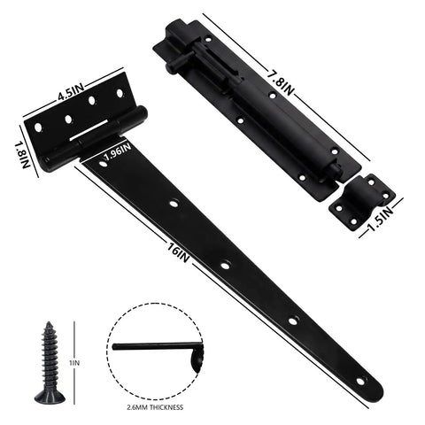 2 Piece Heavy Duty T Strap Hinge And Slide Smooth Barn Door Hardware Kit With Wide Sliding Latch For Courtyard Gates And Fences Matte Black Finish dimensions image showing hinge and latch sizes.