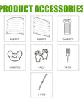 Illustration showing accessories for Two Piece Raised Garden Bed Kit, including panels, gloves, and a tool set.
