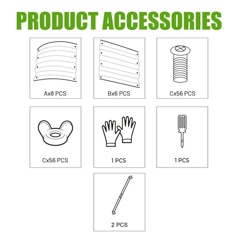 Illustration showing accessories for Two Piece Raised Garden Bed Kit, including panels, gloves, and a tool set.