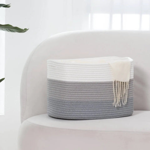Woven Rope Storage Baskets Set Of 3 For Books Toys Towels And Magazines, Small Rectangle Organizer Bins, Grey Decor on sofa
