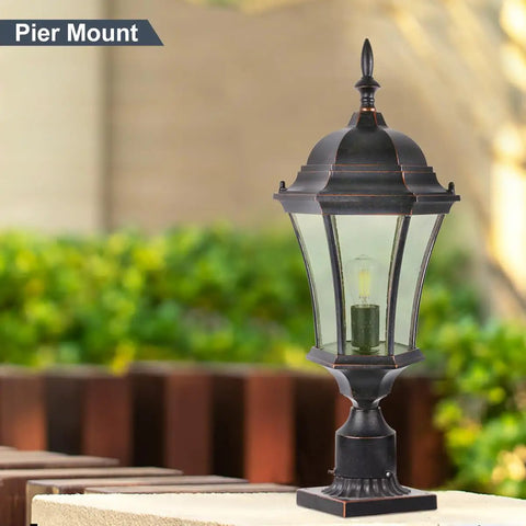 Cast Aluminum Outdoor Post Light 24 Inch With 3 Inch Pier Mount Bronze Exterior Seeded Glass Six Sided Lantern in garden setup