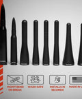 Stubby Antenna For Mazda Miata 2006-2026, size variations shown with features like tool-free install and USA-made durability