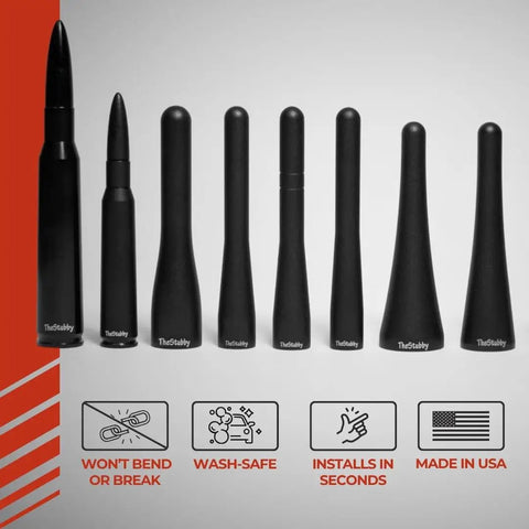 Stubby Antenna For Mazda Miata 2006-2026, size variations shown with features like tool-free install and USA-made durability
