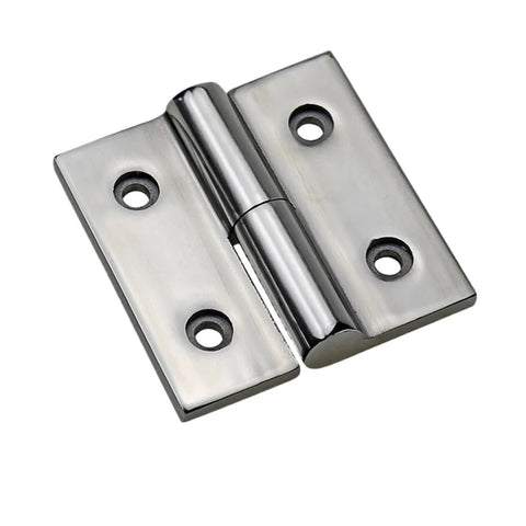 Close-up of left 75x75 stainless steel heavy-duty hinge plate with four mounting holes and central hinge pin
