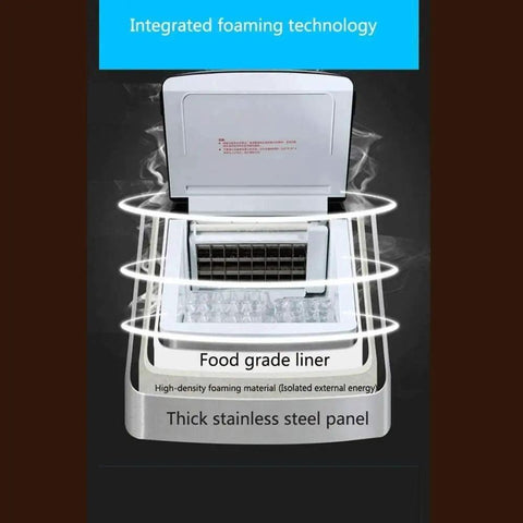 Portable Countertop Ice Maker Machine For Home Bars Legit Awesome Ice Cube Production With Rapid Chill Mode, showing food grade liner and stainless steel panel.