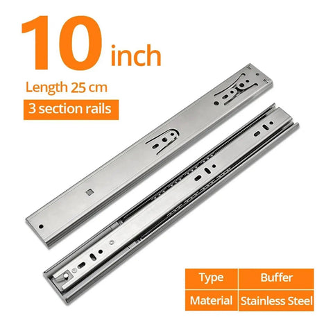 Rock Solid Heavy Duty Soft Close Drawer Slides Kit 10 inch Stainless Steel 3-section side mounting for cabinets and furniture