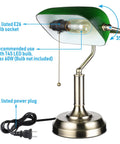 Green Glass Bankers Desk Lamp With Brass Base, Vintage Banker Style Library Light showing E26 bulb socket, pull chain switch, UL plug