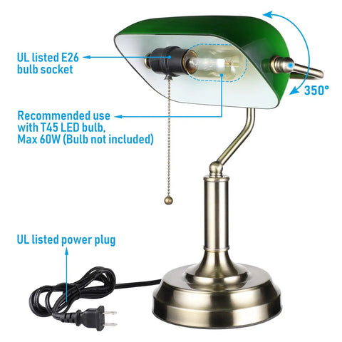 Green Glass Bankers Desk Lamp With Brass Base, Vintage Banker Style Library Light showing E26 bulb socket, pull chain switch, UL plug