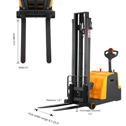 High Capacity 2200lb Full Electric Straddle Fork Stacker With Counterbalanced Design, 118 Inch Max Lifting Height, Narrow Turning Radius showcasing forks, dimensions, and design.