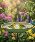 Durable 10 Inch Standing Metal Bird Bath With Stake Outdoor Garden Feeder Bowl Vintage Green Yard Decor with birds