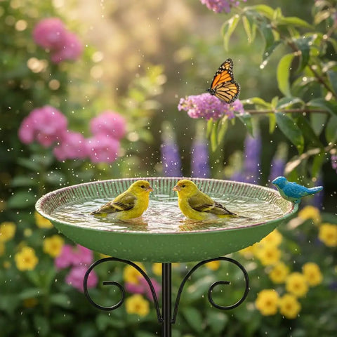 Durable 10 Inch Standing Metal Bird Bath With Stake Outdoor Garden Feeder Bowl Vintage Green Yard Decor with birds