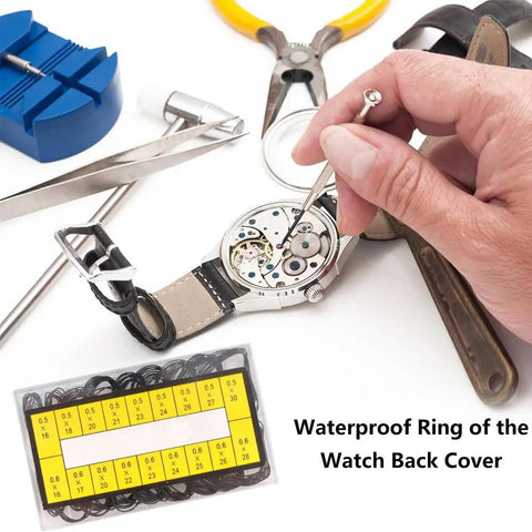 Hand using tool on watch with 180 Piece Watch O Ring Gasket Set With 18 Types For Different Sizes, 0.5mm And 0.6mm Diameters visible