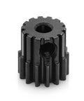 Close-up of 48DP Metal Pinion Gear Set for 1/18 RC Cars, hardened steel, 2.3mm shaft, showing 14T gear CNC finished for LaTrax models.
