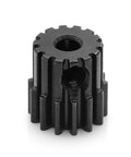 Close-up of black Beefed Up 48DP Metal Pinion Gear Set For One Eighteenth Scale RC Cars with steel CNC machined teeth
