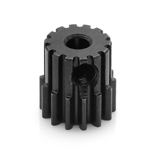 Close-up of black Beefed Up 48DP Metal Pinion Gear Set For One Eighteenth Scale RC Cars with steel CNC machined teeth