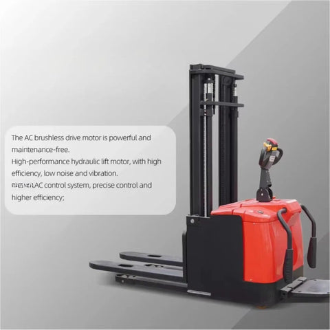 Heavy Duty Electric Pallet Stacker Wagon One Ton Two Ton Capacity Stable Mast Warehouse Cargo Lift Machine with red motor.