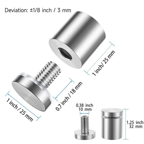 8 Pack Stainless Steel Standoff Screws For Acrylic Display, 1 Inch Diameter By 1 Inch Long Wall Mounts With Cap, sign holder size details