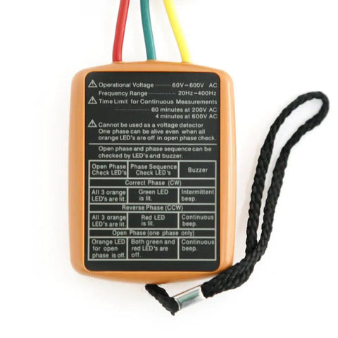 Three Phase Sequence Tester With LED Indicator And Buzzer For 60V To 600V AC A Pro Grade NoNonsense Gear For Detecting Phase Presence And Rotation Compact Electric Meter For Industrial Checks, orange tester with three leads and wrist strap