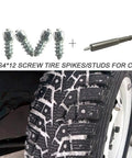 Tough As Nails 12mm Carbide Tire Studs And Snow Spikes on car tire tread, showing stainless steel spikes for winter traction.