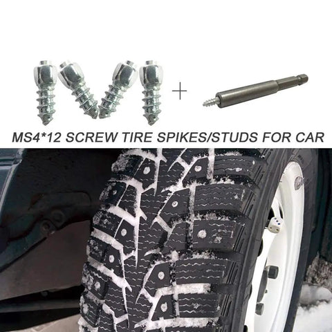 Tough As Nails 12mm Carbide Tire Studs And Snow Spikes on car tire tread, showing stainless steel spikes for winter traction.