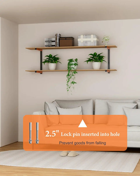 Living room with mounted shelving emphasizing safety lock feature for heavy items, showcasing plants and books.