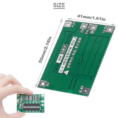 Heavy Duty 3S 40A Lithium Battery Protection Board For 18650 Cells shown with measurement indicators in hand for size context.