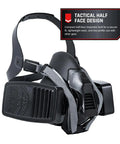 Top Shelf Half Face Tactical Respirator Mask With Quick Release Harness And Helmet Compatible Fit For No Sweat Operation and Everyday Hustle Or Field Missions, side view showing lightweight design and straps.