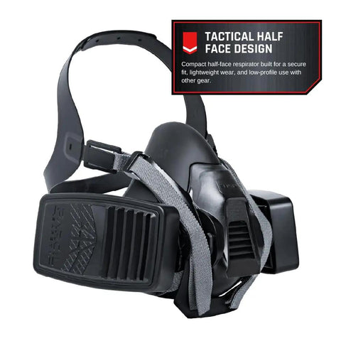 Top Shelf Half Face Tactical Respirator Mask With Quick Release Harness And Helmet Compatible Fit For No Sweat Operation and Everyday Hustle Or Field Missions, side view showing lightweight design and straps.