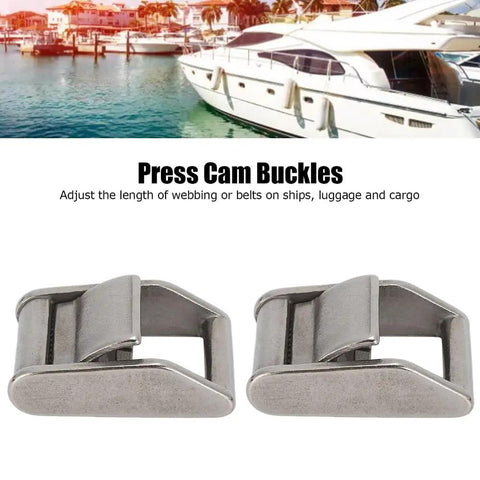 Beefy Heavy Duty 316 Stainless Steel Cam Buckles 2 Pack Adjustable Lock Sliders For 1.06 Inch Webbing Quick Release Fasteners Replacement 1763 Pounds Load Capacity displayed with yacht backdrop