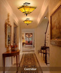 14 Inch Tiffany Style Stained Glass Mission Flush Mount Ceiling Light 2 Light Antique Lamp For Living Room Hallway Kitchen Entryway Hardwired E26 LED CFL Compatible installed in decorated hallway.