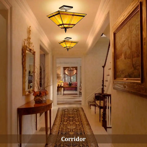 14 Inch Tiffany Style Stained Glass Mission Flush Mount Ceiling Light 2 Light Antique Lamp For Living Room Hallway Kitchen Entryway Hardwired E26 LED CFL Compatible installed in decorated hallway.
