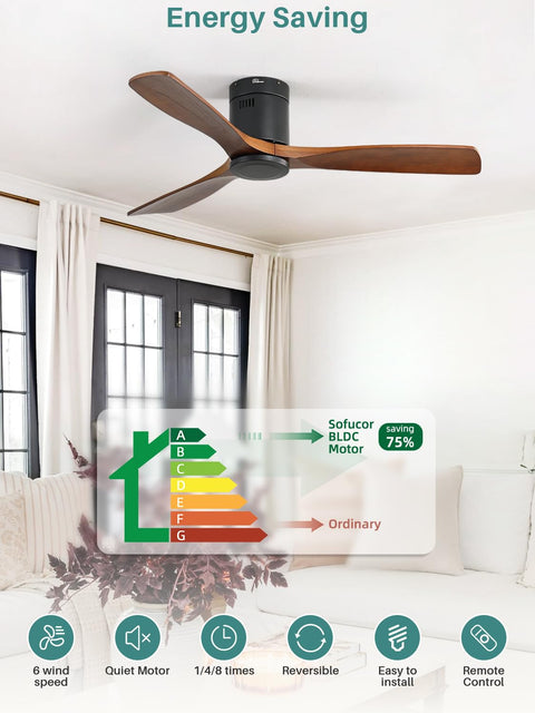 52 Inch Solid Wood Ceiling Fan With Remote Control No Light Flush Mount Wood Blades Whisper Quiet DC Motor For Bedroom
