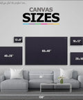 Different canvas sizes displayed above a couch, including 26x18 inches for "Farm Life Canvas Art Print With Tractor And Cropland Scene".