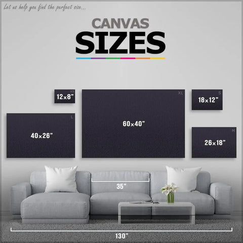 Different canvas sizes displayed above a couch, including 26x18 inches for "Farm Life Canvas Art Print With Tractor And Cropland Scene".