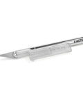 X-Acto #2 knife with safety cap, side view; silver metal handle, transparent cap