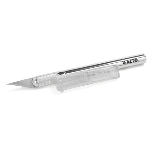 X-Acto #2 knife with safety cap, side view; silver metal handle, transparent cap