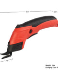 Professional Rechargeable Cordless Electric Scissors Featuring Quick Change Blades For Fabric Leather Cardboard Paper And Crafting Easy One Hand Grip Delivers Sweet Cuts Without Breaking A Sweat Glossy Red side view with black handle, dimensions shown