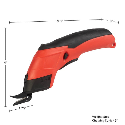 Professional Rechargeable Cordless Electric Scissors Featuring Quick Change Blades For Fabric Leather Cardboard Paper And Crafting Easy One Hand Grip Delivers Sweet Cuts Without Breaking A Sweat Glossy Red side view with black handle, dimensions shown
