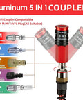 Heavy Duty 5 In 1 Universal Quick Industrial Air Coupler With Dead Simple Setup And Knockout Durability For 1/4 Inch Female Npt Air Compressor Fittings Quick Connect Accessory In Bold Red showing compatibility with various plugs.